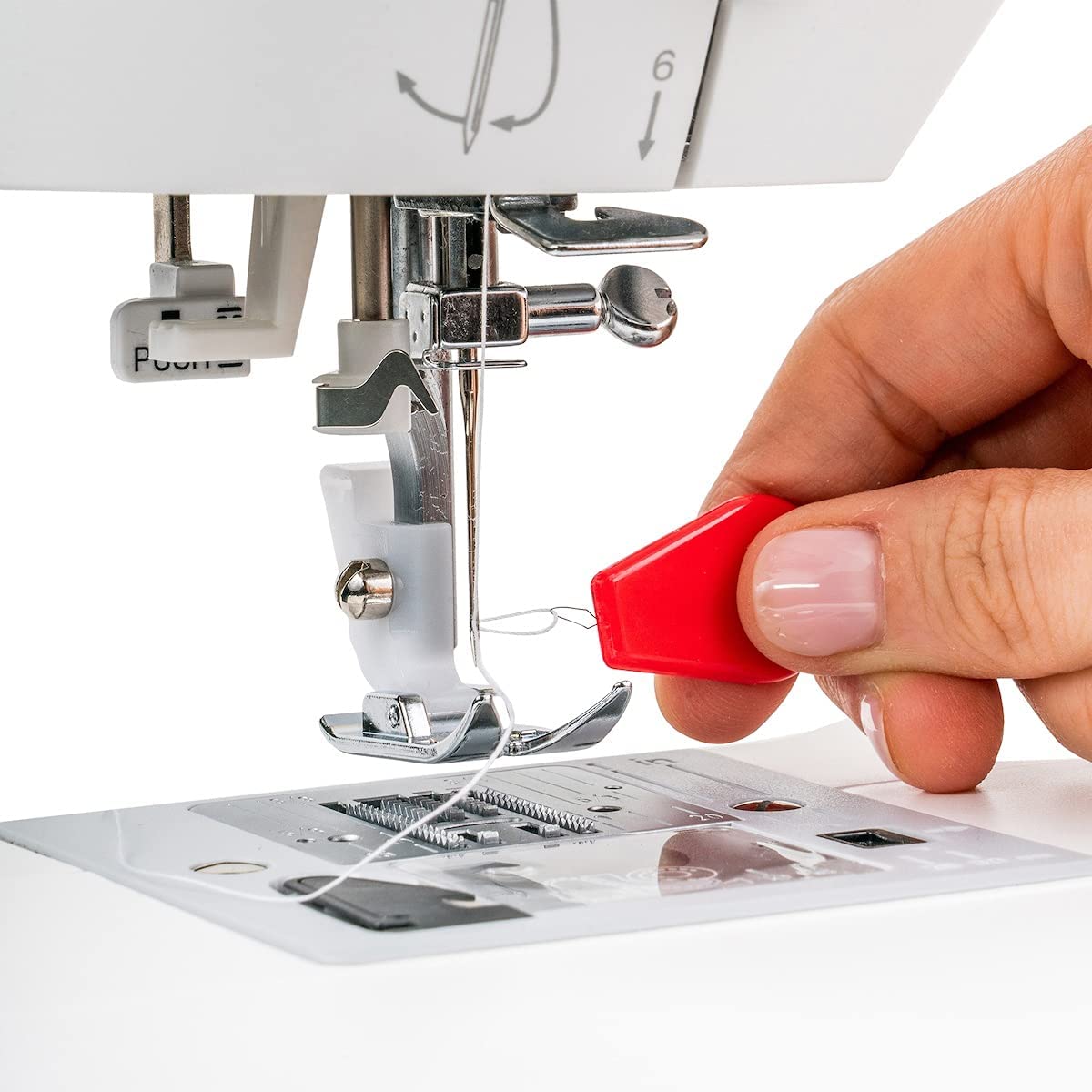 threading sewing machine with plastic needle threader